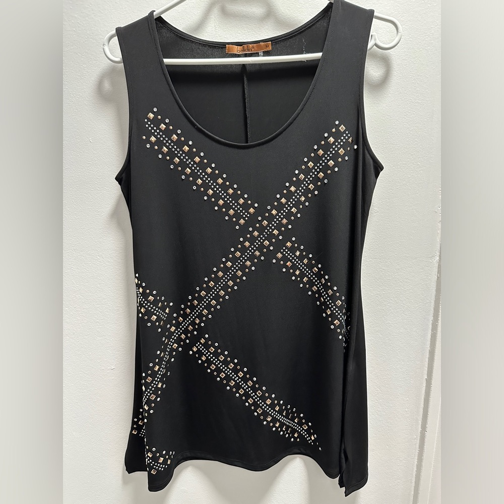 Belldini sleeveless dressy black top with stones/gems design. Size medium